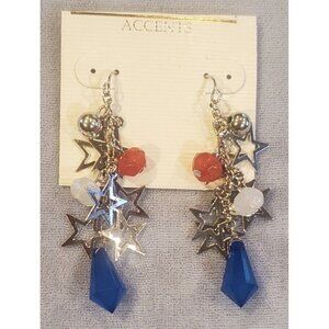 Patriotic Red White Blue Star Dangle Earrings Silver Tone 2.5 Inch￼ drop NEW